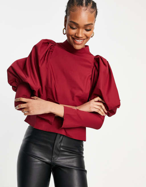 ASOS DESIGN cotton high neck top with volume puff sleeves in berry