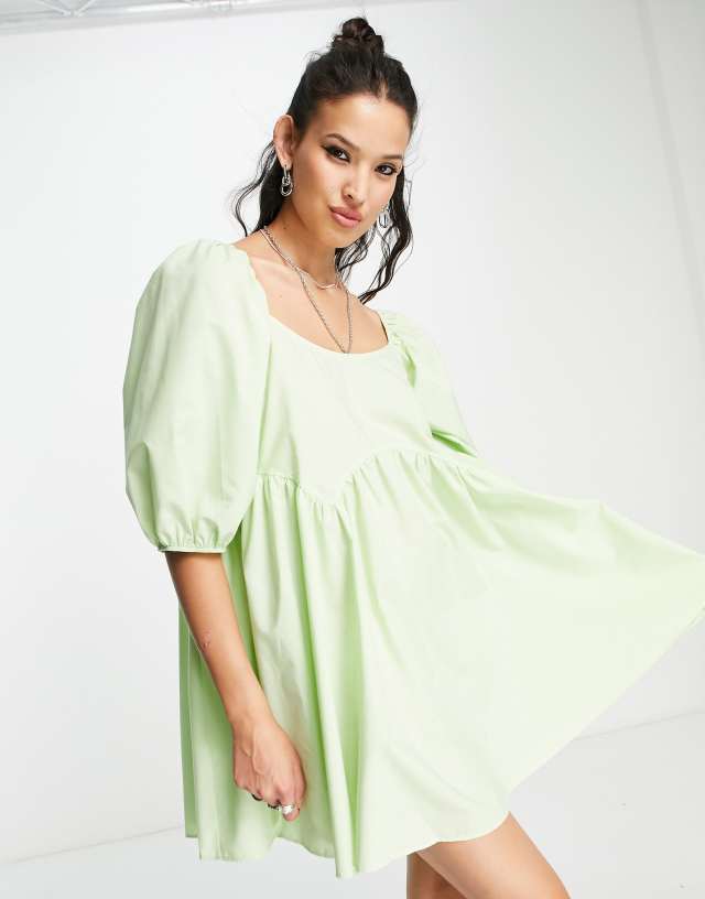 ASOS DESIGN cotton jumbo scallop puff sleeve smock dress in apple