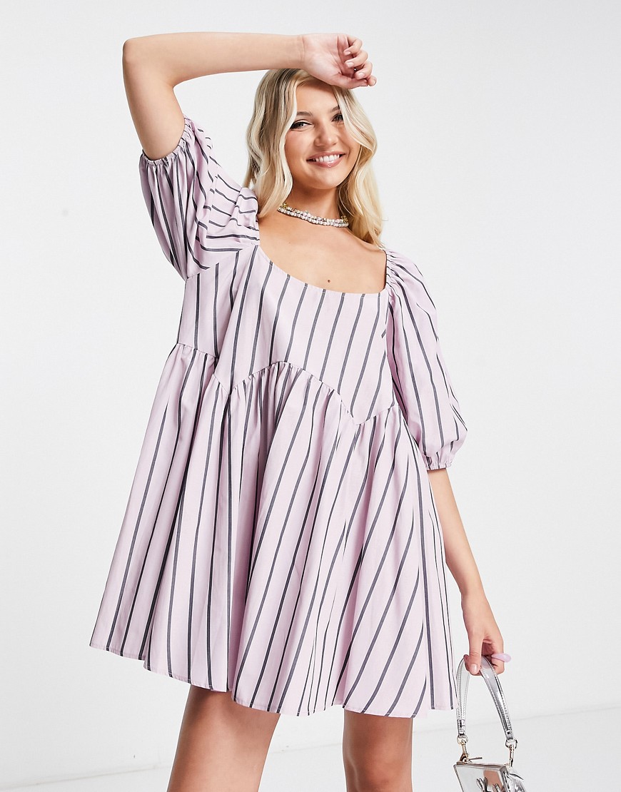 ASOS DESIGN cotton jumbo scallop puff sleeve smock dress in stripe-Pink