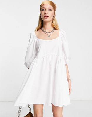 ASOS DESIGN cotton jumbo scallop puff sleeve smock dress in white - ASOS Price Checker