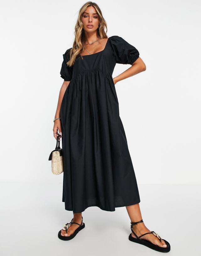 ASOS DESIGN - cotton jumbo scallop puff sleeve smock midi dress in black