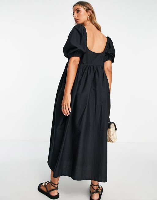 ASOS DESIGN cotton jumbo scallop puff sleeve smock midi dress in black, 2 of 4