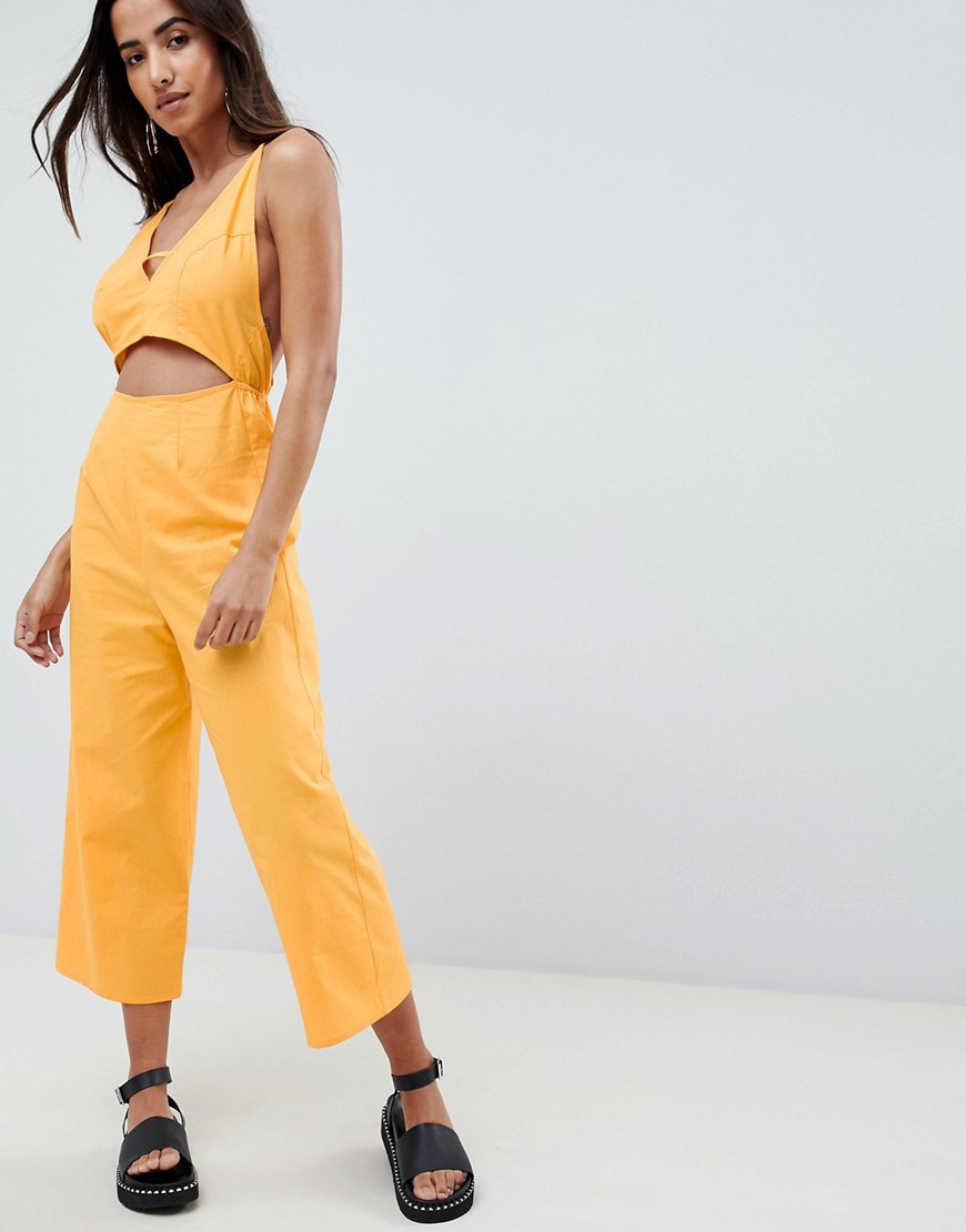ASOS DESIGN cotton jumpsuit with cut out detail-Yellow