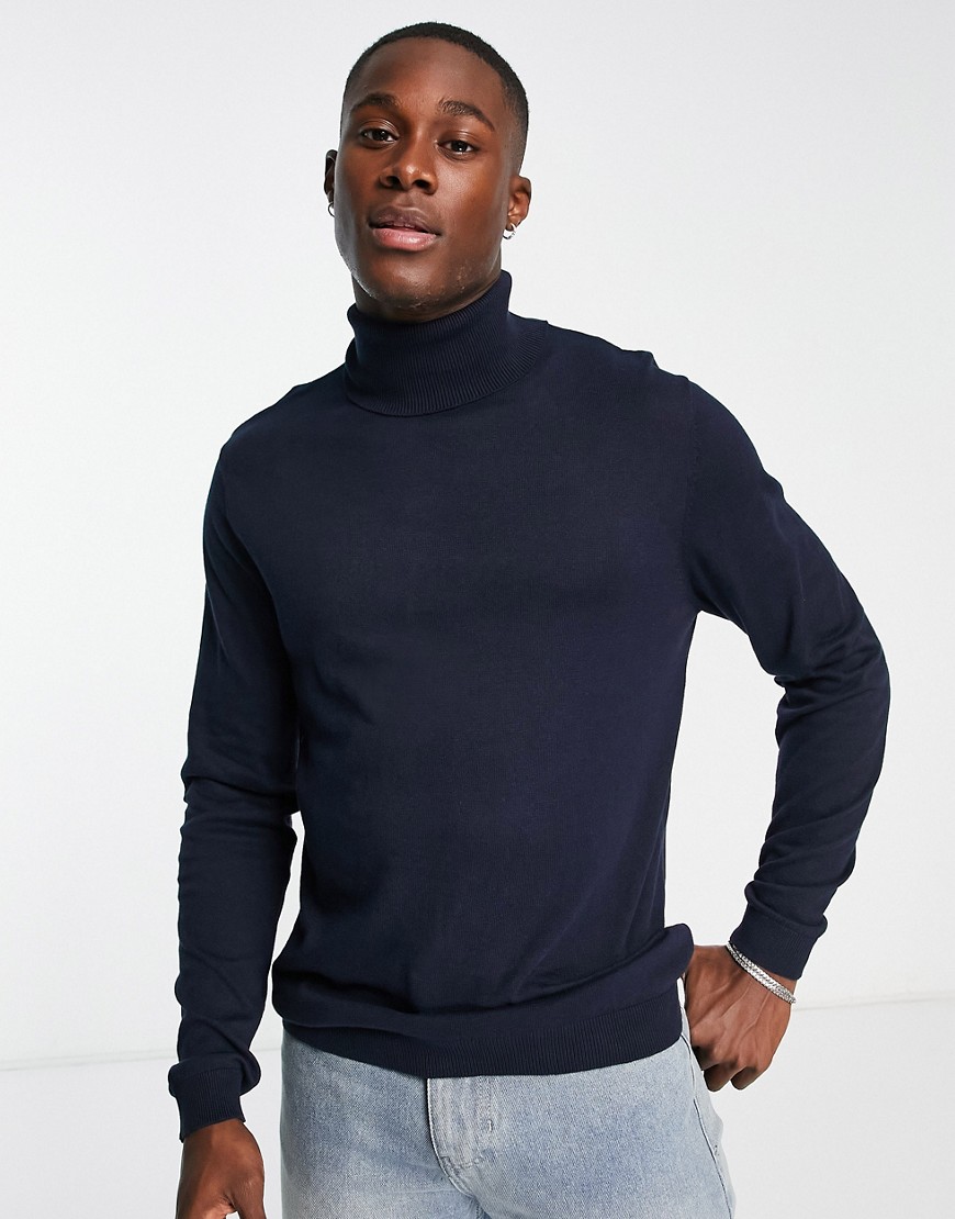 ASOS DESIGN cotton knit roll neck sweater in navy