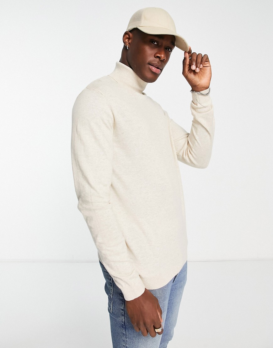 ASOS DESIGN cotton knit roll neck sweater in oatmeal heather-Neutral