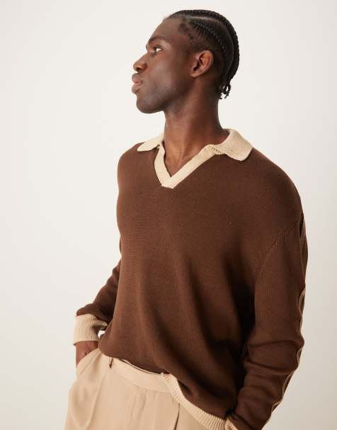 ASOS DESIGN cotton knitted jumper with contrast collar and cuff in beige and brown - view 1