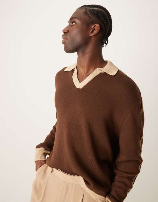 ASOS DESIGN cotton knitted jumper with contrast collar and cuff in beige and brown