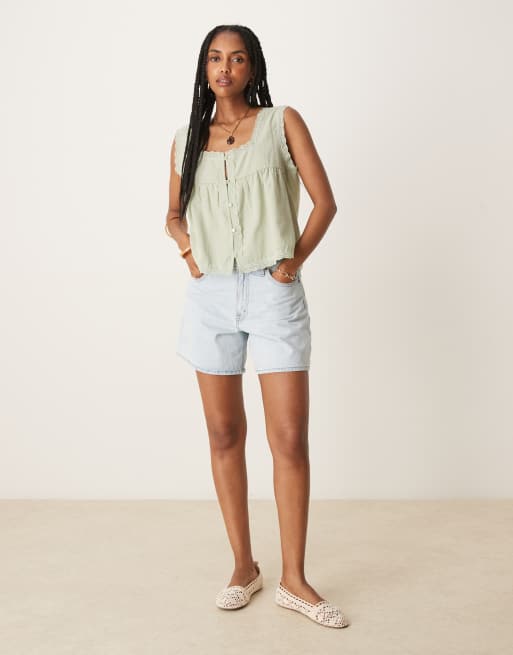 ASOS DESIGN cotton lace trim babydoll top in sage green
