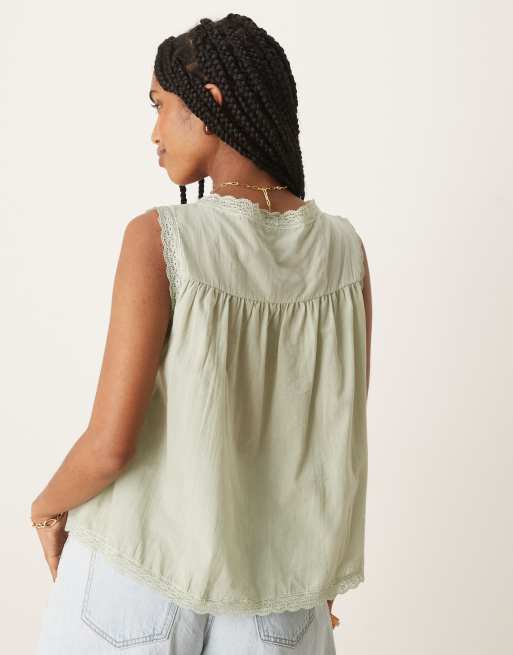 ASOS DESIGN cotton lace trim babydoll top in sage green