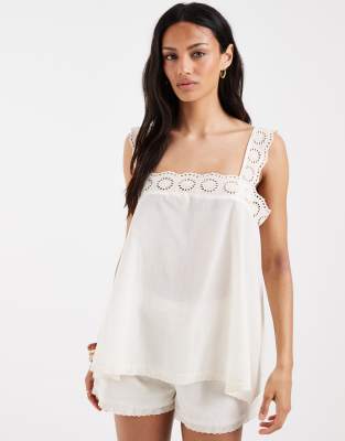 Asos Design Cotton Lace Trim Babydoll Top In White