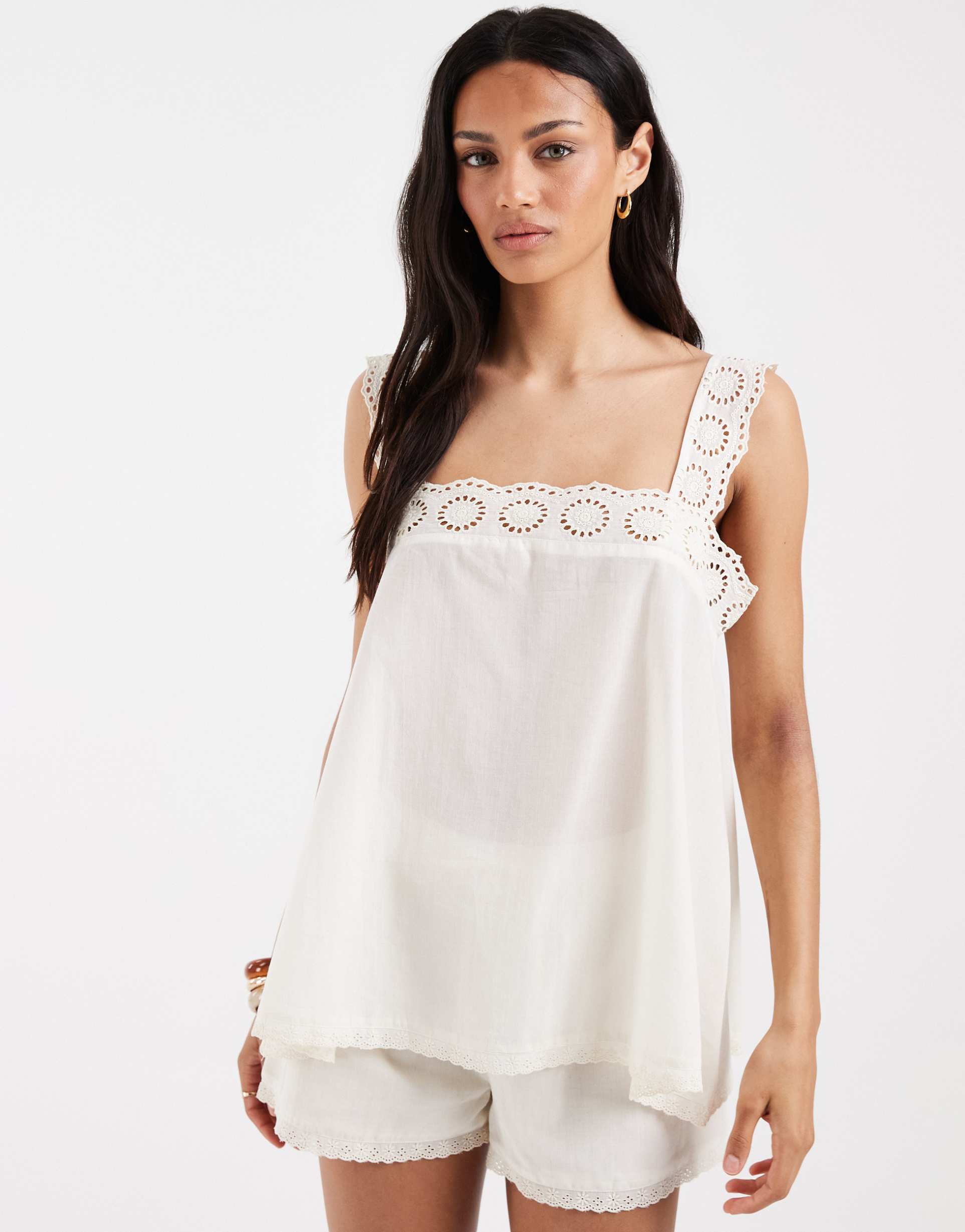 asos design cotton lace trim babydoll top in white - part of a set