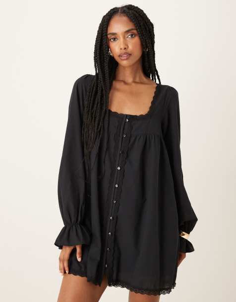 ASOS DESIGN cotton lace trim long sleeve babydoll mini dress in black - view 1