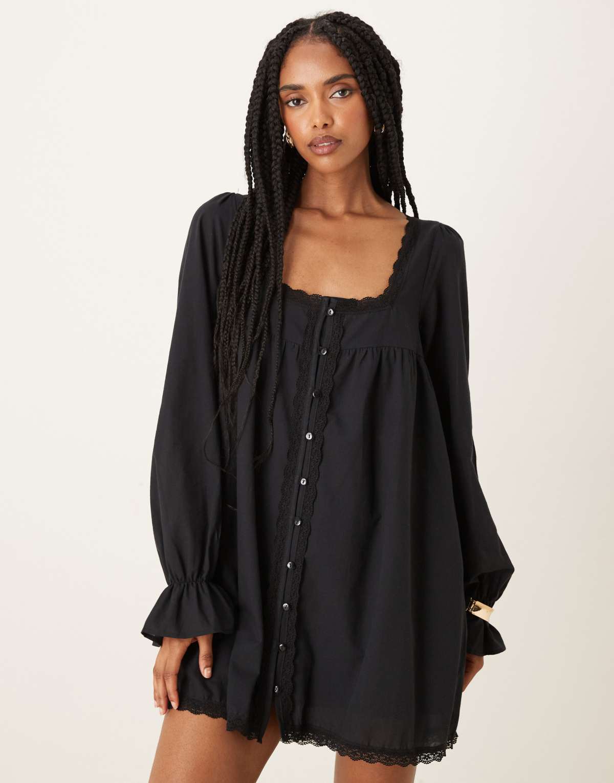ASOS DESIGN cotton lace trim long sleeve babydoll mini dress in black
