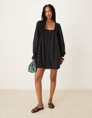 ASOS Design Cotton Lace Trim Long Sleeve Babydoll Mini Dress in Black
