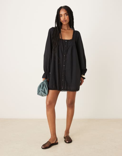 ASOS DESIGN cotton lace trim long sleeve babydoll mini dress in black