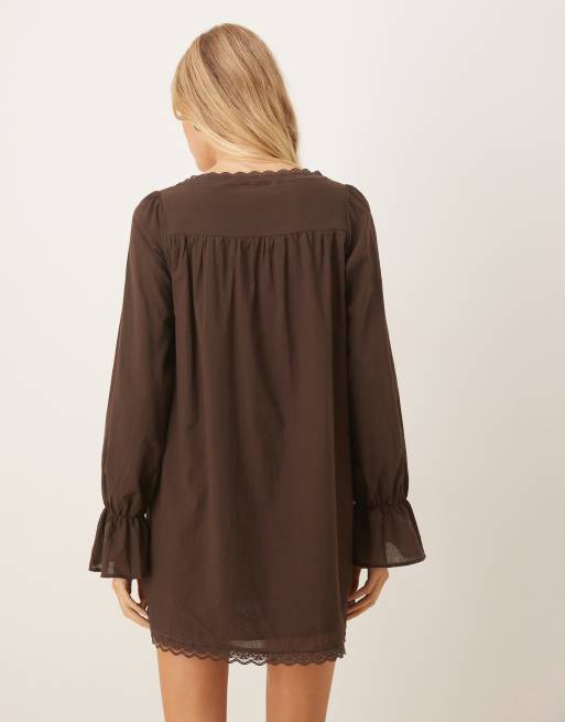 ASOS DESIGN cotton lace trim long sleeve babydoll mini dress in chocolate