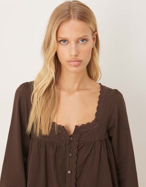 ASOS DESIGN cotton lace trim long sleeve babydoll mini dress in chocolate