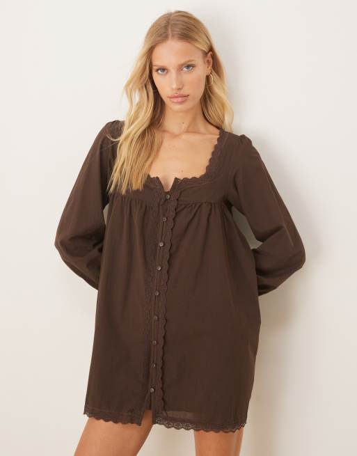 ASOS DESIGN cotton lace trim long sleeve babydoll mini dress in chocolate