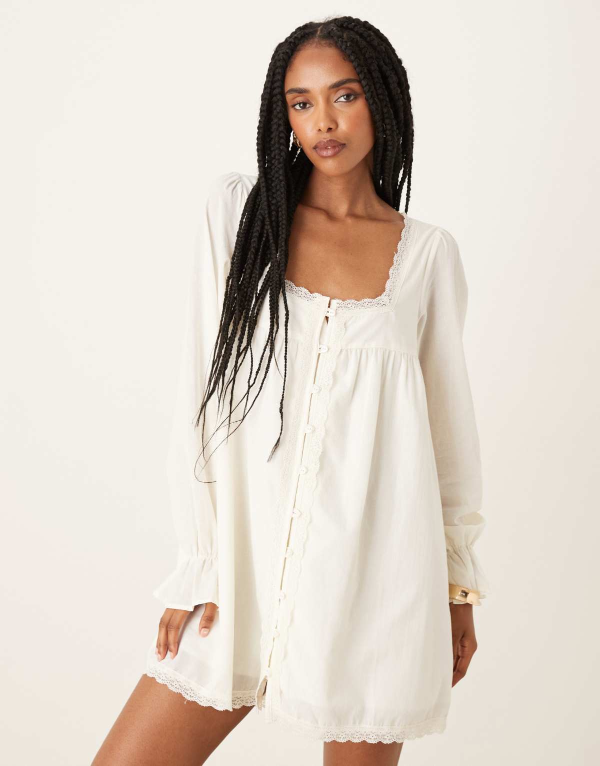 ASOS DESIGN cotton lace trim long sleeve babydoll mini dress in ecru