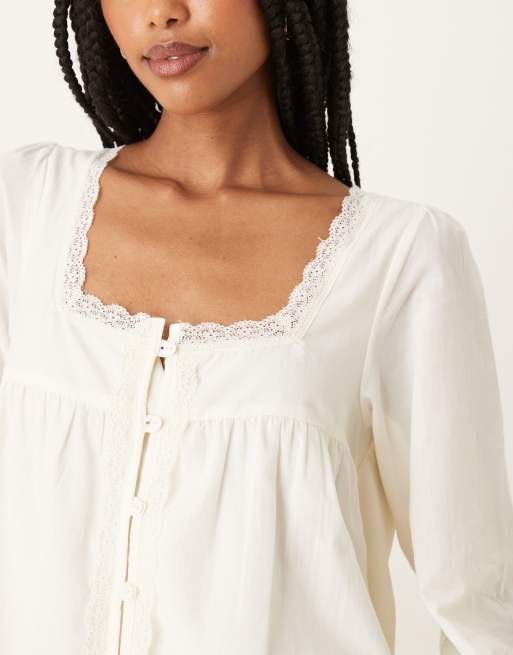 ASOS DESIGN cotton lace trim long sleeve babydoll mini dress in ecru