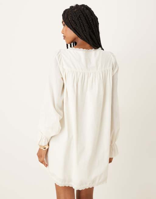 ASOS DESIGN cotton lace trim long sleeve babydoll mini dress in ecru