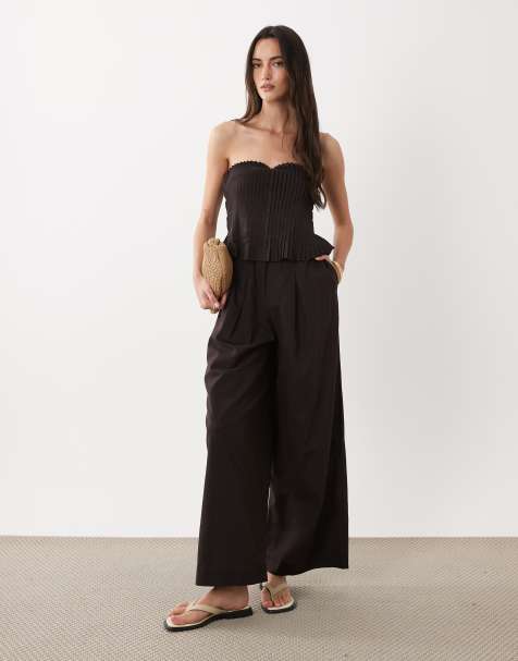 ASOS DESIGN cotton linen bandeau jumpsuit with narrow pintuck bodice in chocolate brown - view 1
