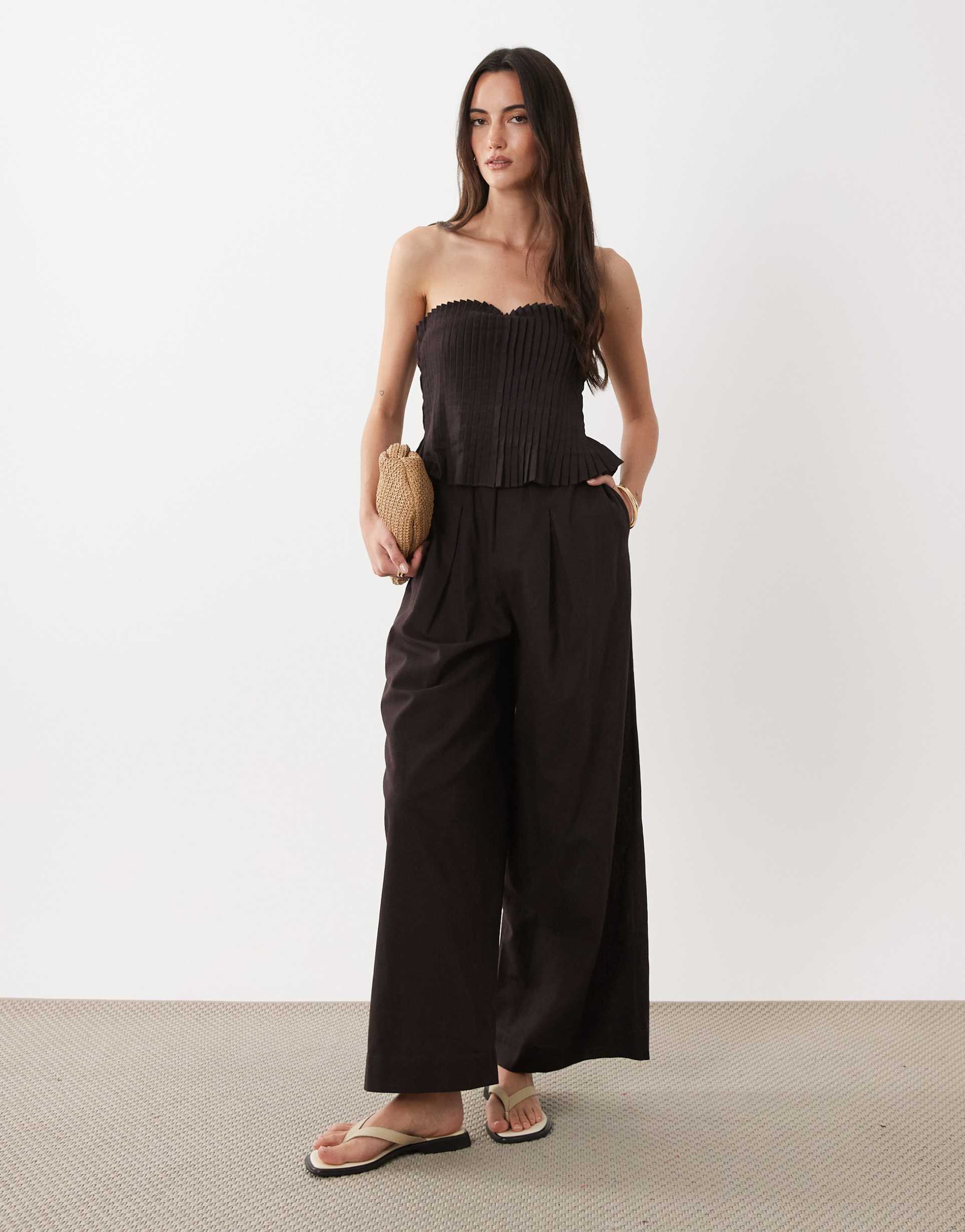 asos design cotton linen bandeau jumpsuit with narrow pintuck bodice in chocolate brown