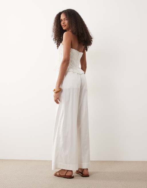 ASOS DESIGN cotton linen bandeau jumpsuit with narrow pintuck bodice in white, 4 of 4