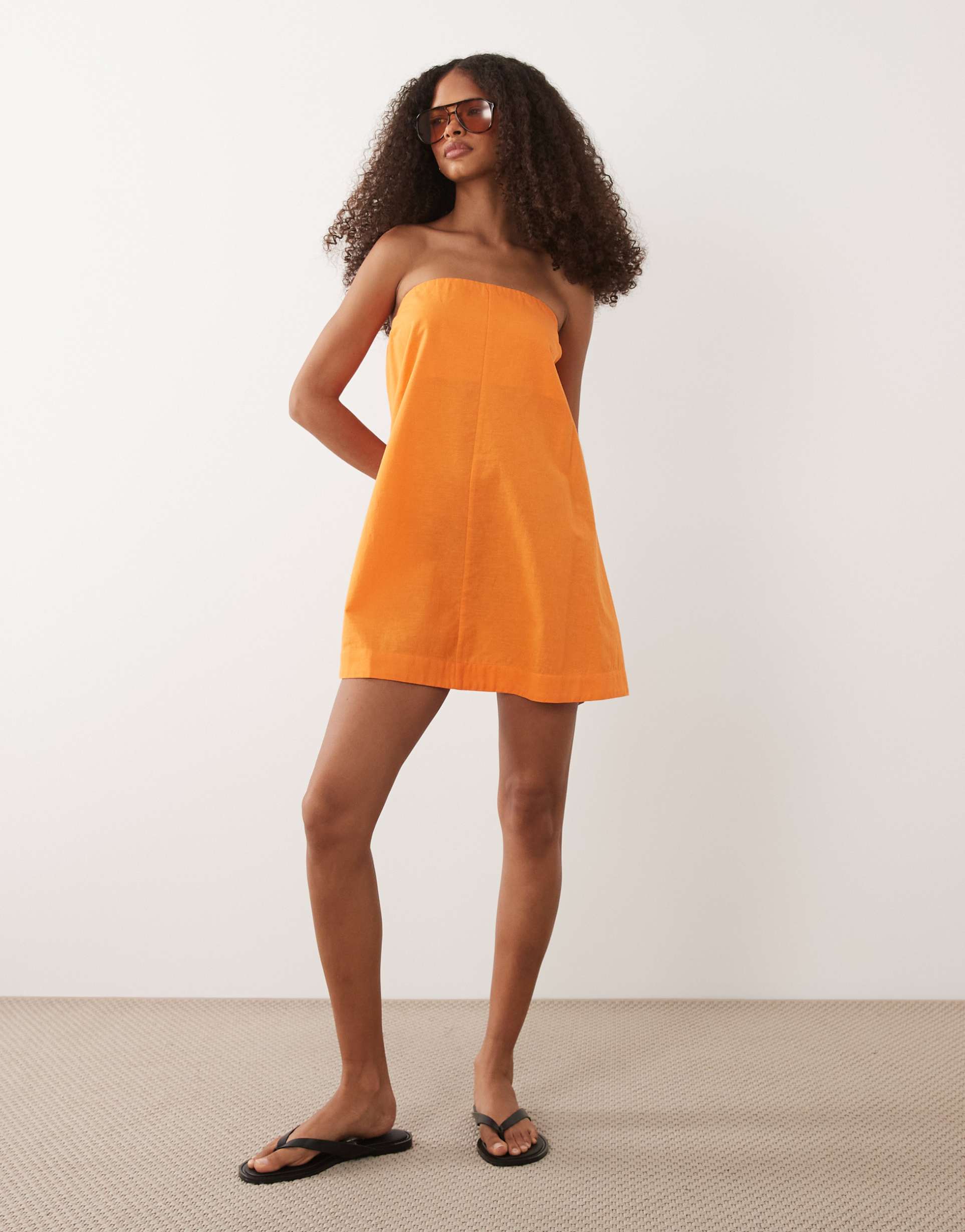 asos design cotton linen bandeau mini sundress in tangerine orange
