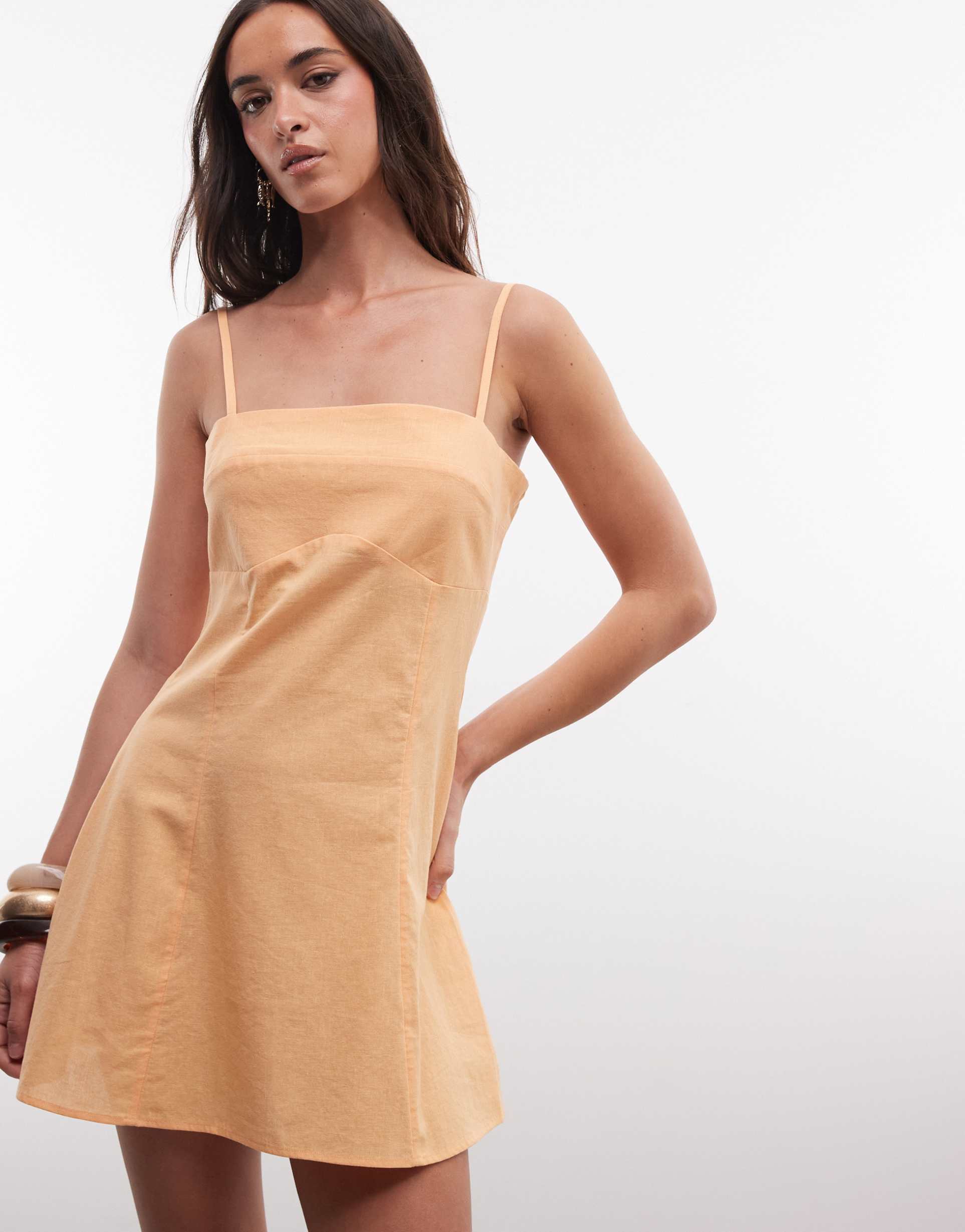 asos design cotton-linen blend cami mini sundress with shaped bust in orange spritz