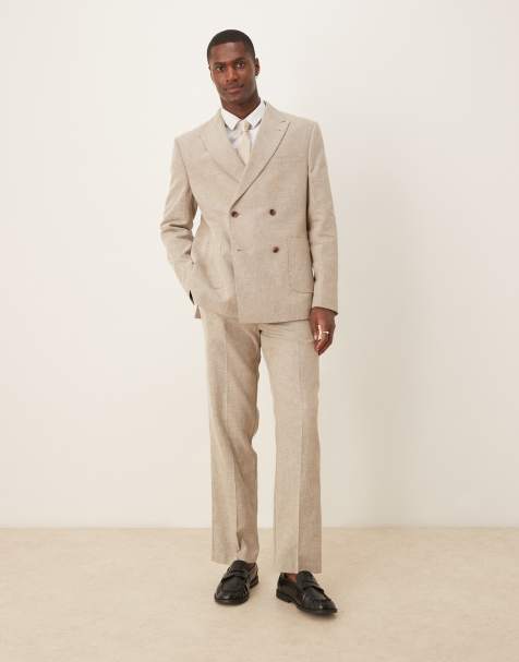 ASOS DESIGN cotton linen blend double breasted regular suit in beige - view 1