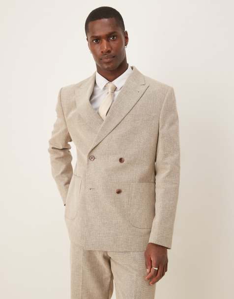 ASOS DESIGN cotton linen blend double breasted regular suit jacket in beige - view 1