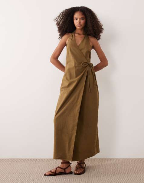 ASOS DESIGN cotton-linen blend halter neck maxi wrap sundress in moss green - view 1