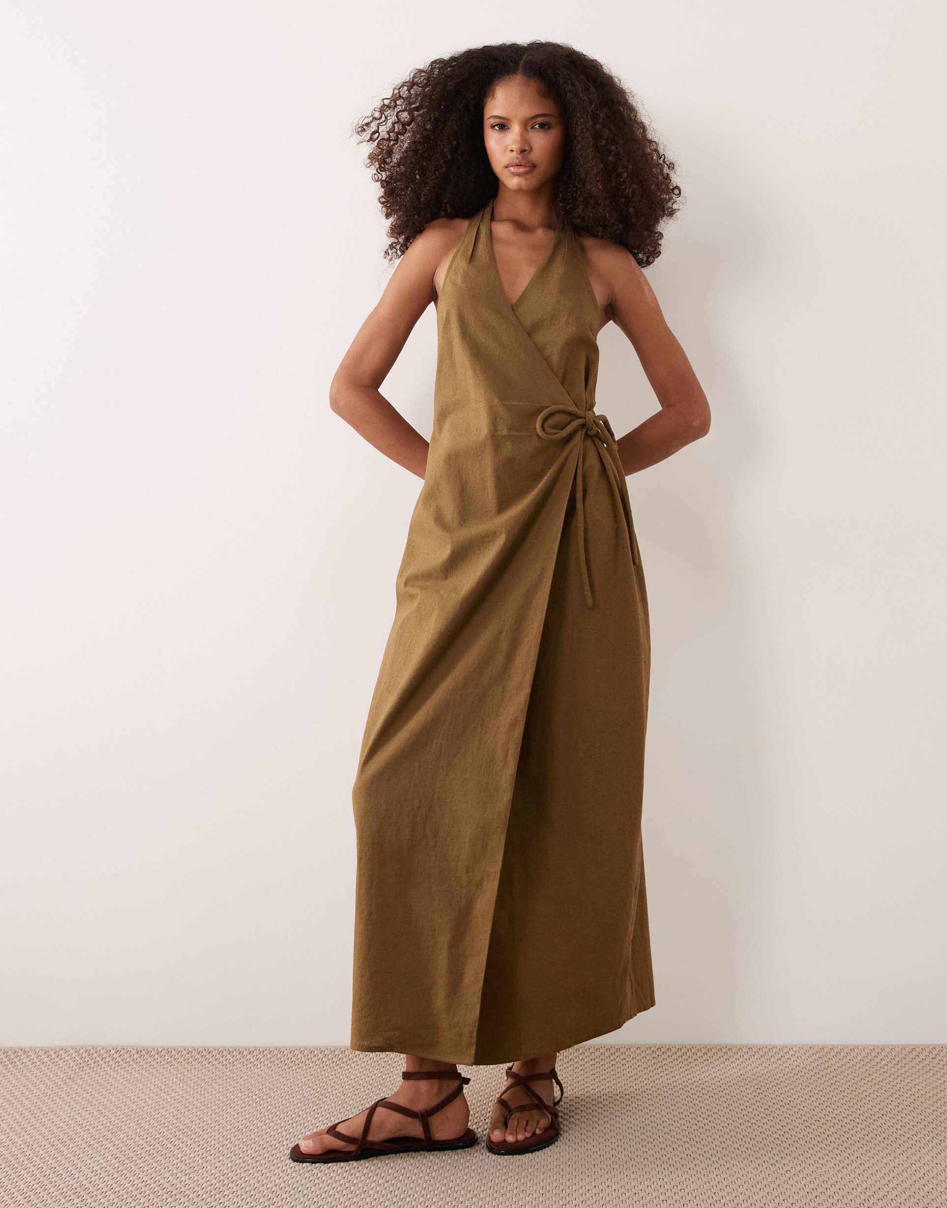 asos design cotton-linen blend halter neck maxi wrap sundress in moss green