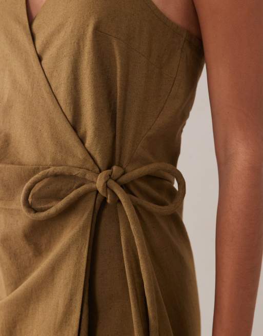 ASOS DESIGN cotton-linen blend halter neck maxi wrap sundress in moss green, 4 of 4