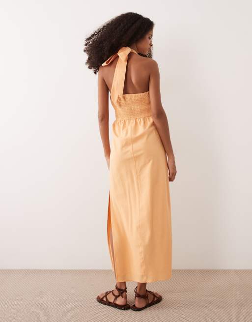 ASOS DESIGN cotton-linen blend halter neck midaxi sundress with sculpted bust in orange spritz, 3 of 4