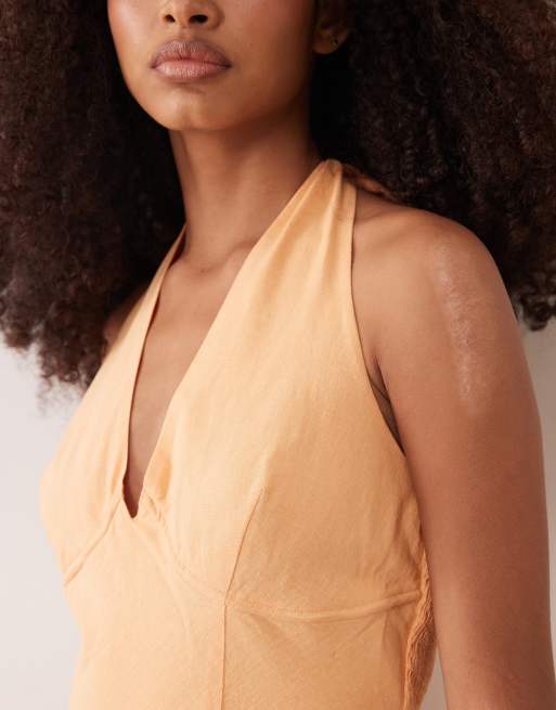 ASOS DESIGN cotton-linen blend halter neck midaxi sundress with sculpted bust in orange spritz, 4 of 4