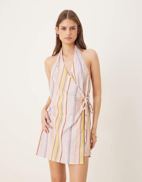 ASOS DESIGN cotton-linen blend halter neck wrap mini sundress in pastel mixed stripe - view 1