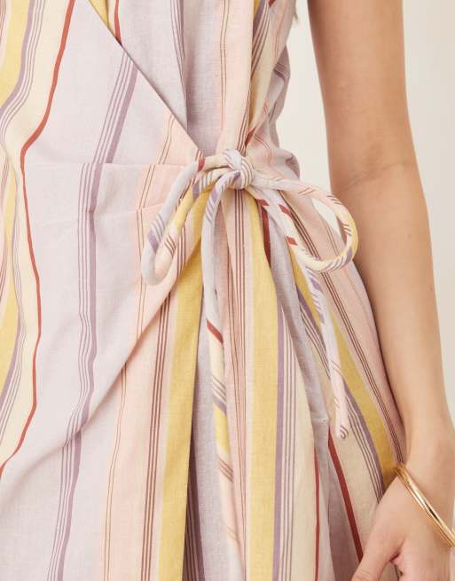 ASOS DESIGN cotton-linen blend halter neck wrap mini sundress in pastel mixed stripe , 4 of 4