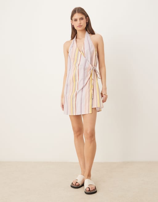 ASOS DESIGN cotton linen blend halter neck wrap mini sundress in pastel mixed stripes , 3 of 4