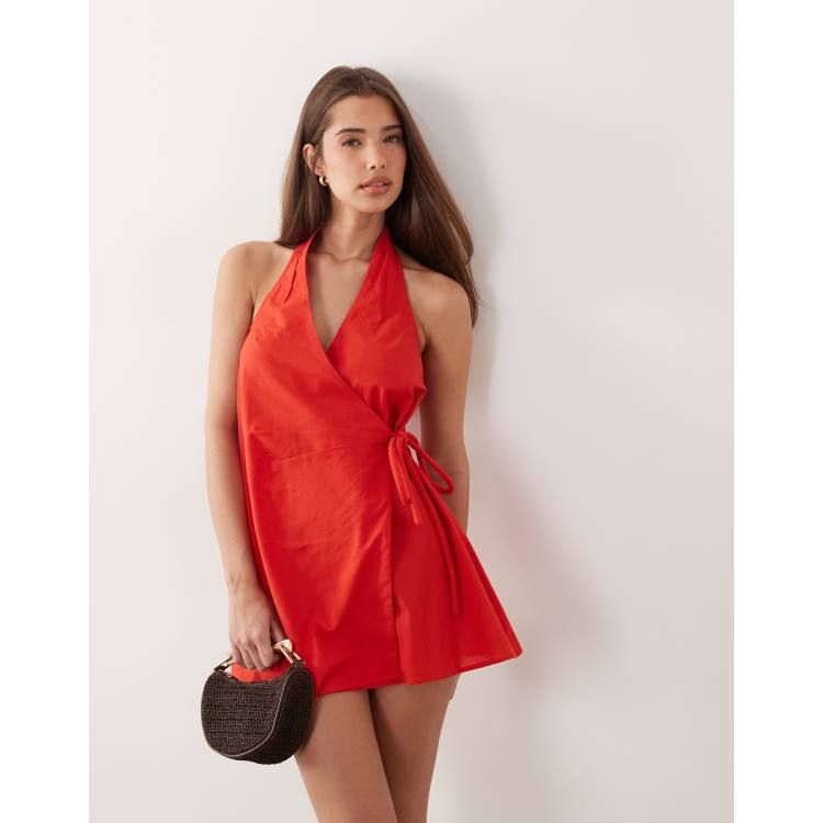 ASOS DESIGN cotton-linen blend halter neck wrap mini sundress in red | ASOS