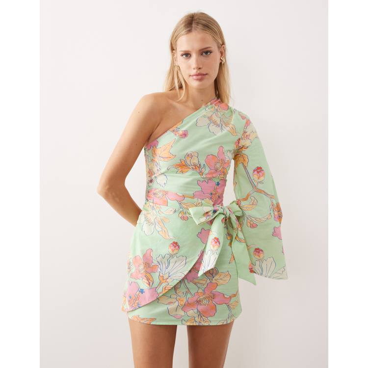 asos cotton dresses ASOS DESIGN cotton-linen blend one shoulder mini dress with wrap detail in  floral print