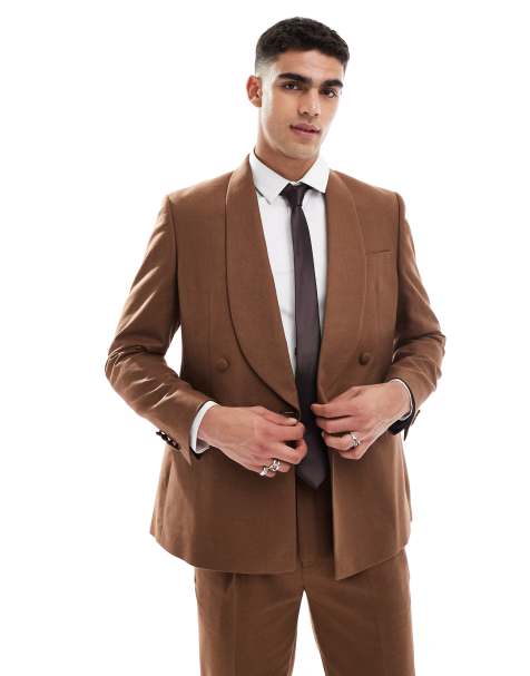 ASOS DESIGN cotton linen blend regular suit jacket in brown - view 1