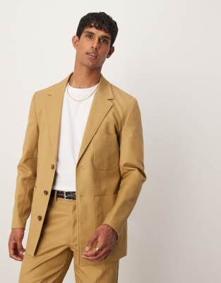 cotton linen blend regular suit jacket in camel twill-Neutral