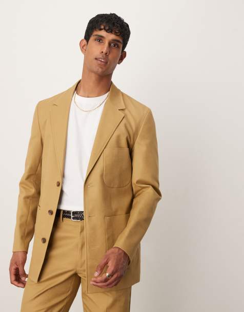 ASOS DESIGN cotton linen-blend regular suit jacket in camel twill - view 1