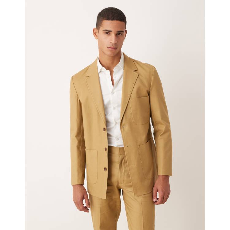 ASOS DESIGN cotton linen blend regular suit jacket in camel