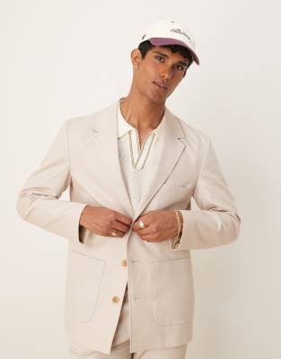 cotton linen blend regular suit jacket in stone twill-Neutral
