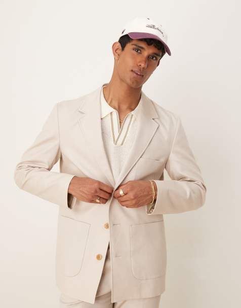 ASOS DESIGN cotton-linen-blend regular suit jacket in stone twill - view 1