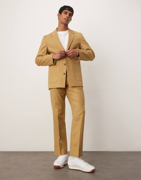 ASOS DESIGN cotton linen blend regular suit set in camel twill - view 1