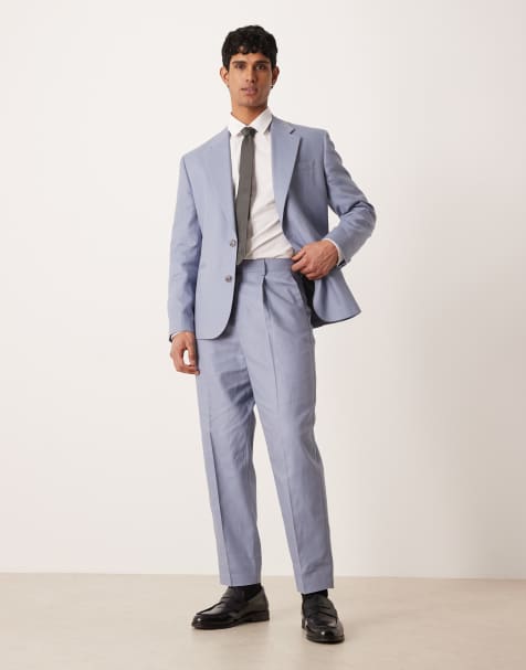 ASOS DESIGN cotton linen blend relaxed tapered suit pants in light blue herringbone - view 1